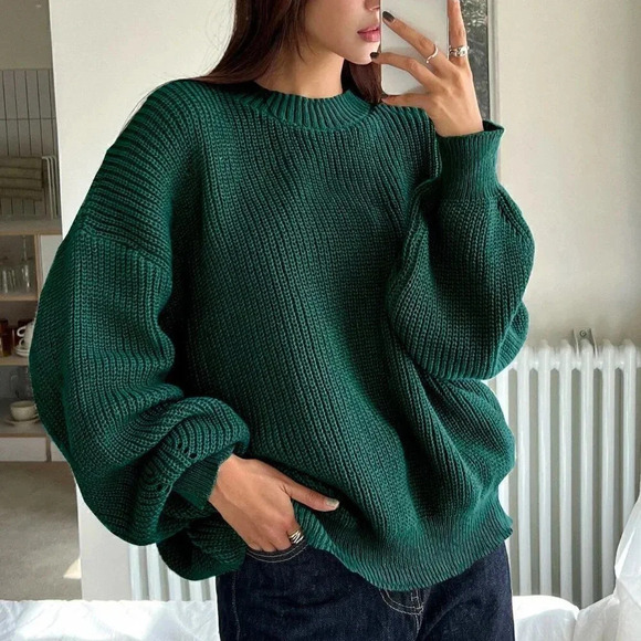 Green Boho Womens Eyelet Detail Ribbed Knit Drop Shoulder Sweater - Picture 1 of 5